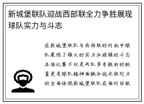 新城堡联队迎战西部联全力争胜展现球队实力与斗志